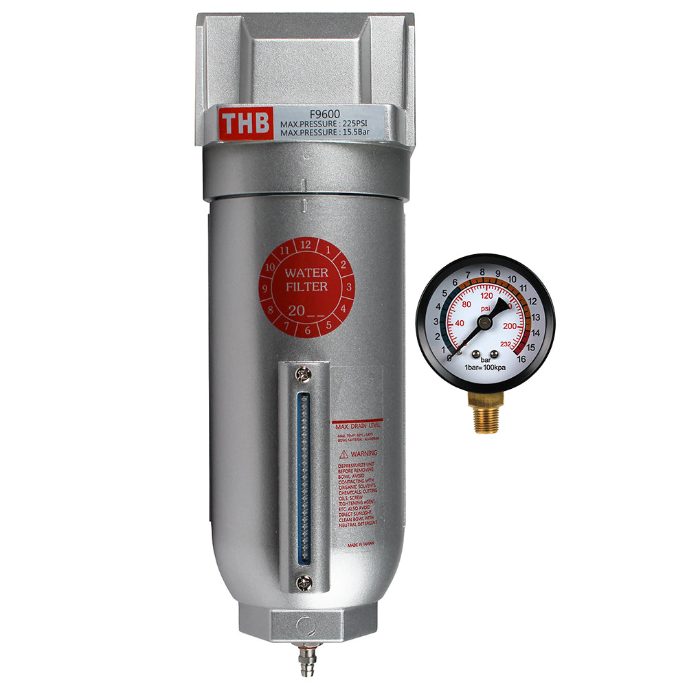1" Compressed Air Water Filter Manual Drain w/ Pressure Gauge F966N