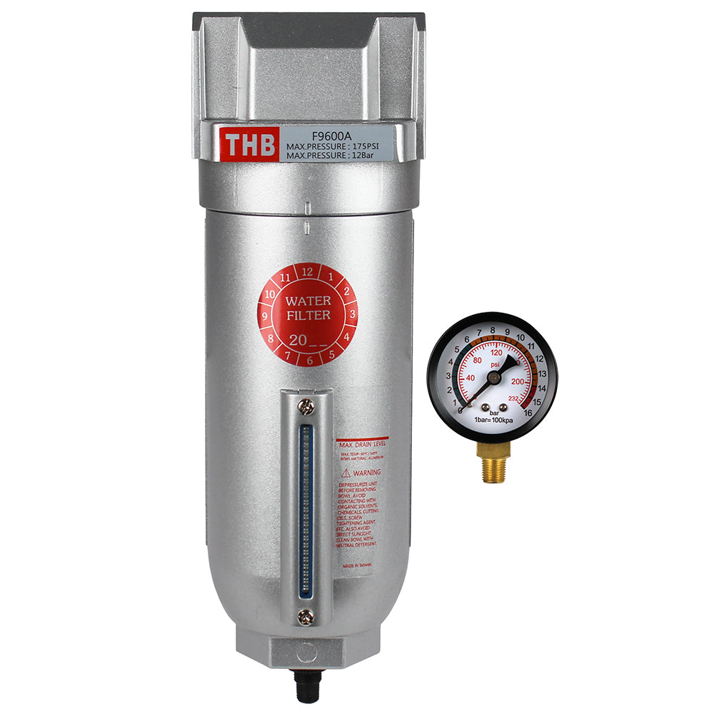 3/4" Compressed Air Water Filter Auto Drain w/ Pressure Gauge F966NA