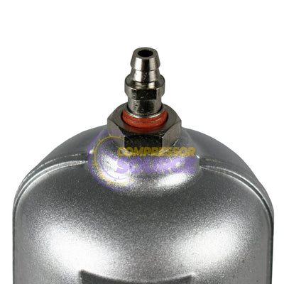 Close-up of a metallic air compressor tank with a nozzle on a white background