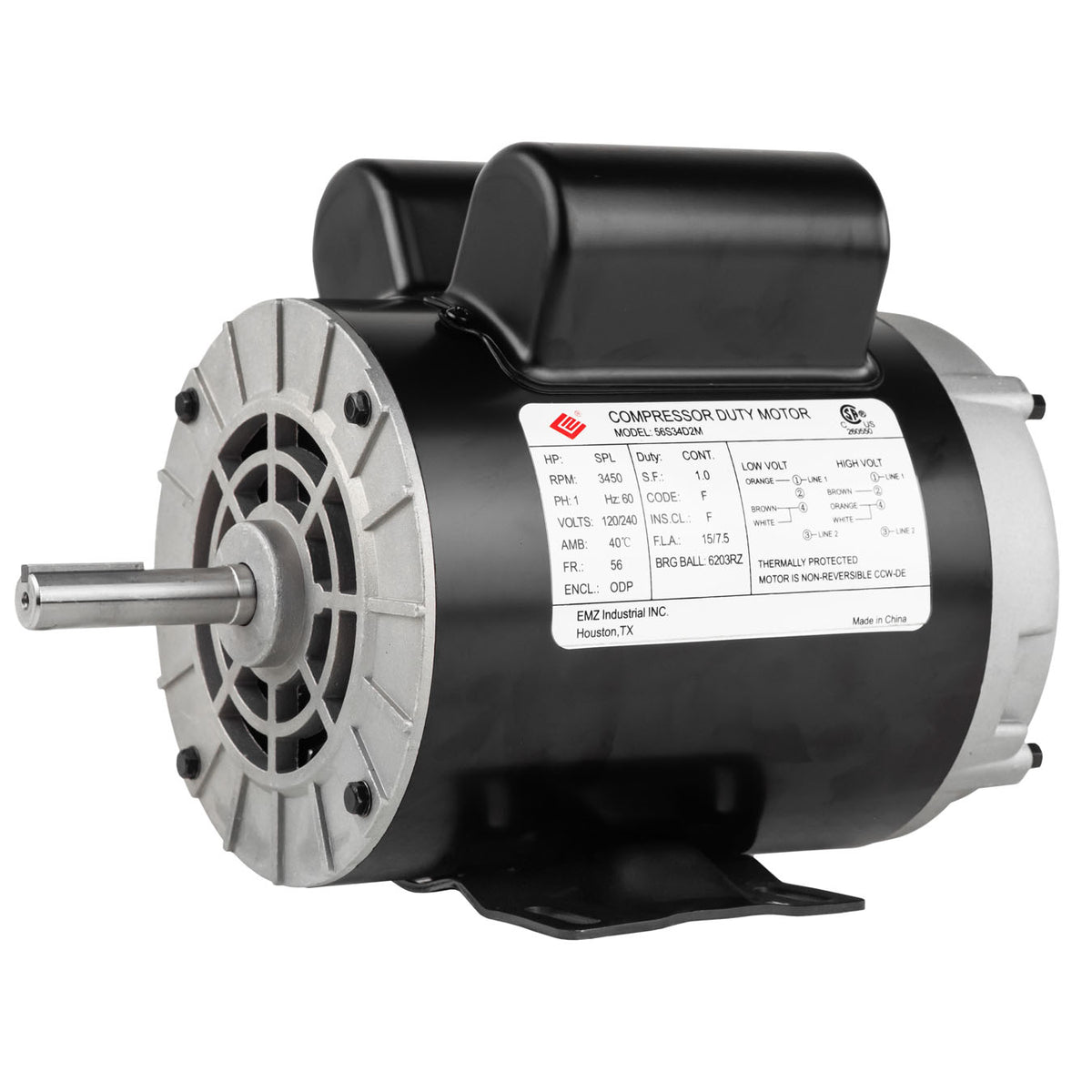 2 HP SPL 1 Phase Electric Motor 3450 RPM 56 Frame 120/240V ODP EMZ 56S34D2M