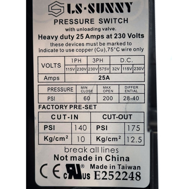 Heavy Duty 25 Amp Air Compressor Pressure Switch Control Valve 145-175 PSI