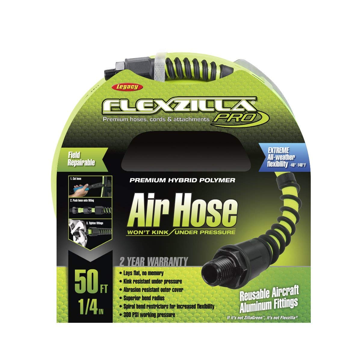 ﻿﻿Legacy Flexzilla 1/4" x 50' Compressed Air Hose 300 PSI Field Repairable