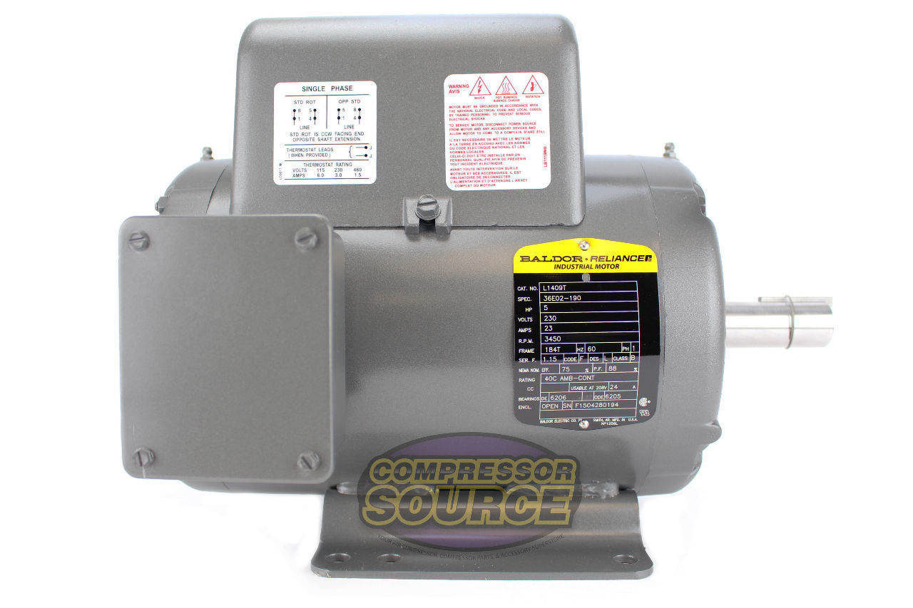 Baldor 5 HP Single Phase Electric Compressor Motor 184T Frame 230V 3450 RPM