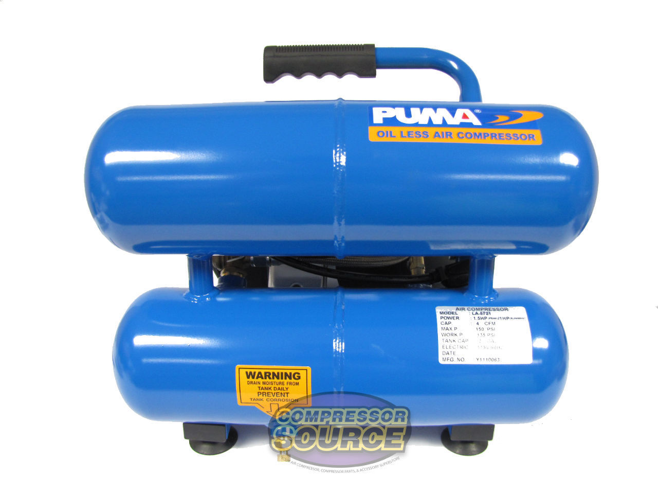 Puma LA-5721 Portable Air Compressor 110V Dual Tank 1.5HP Oil less Direct Drive