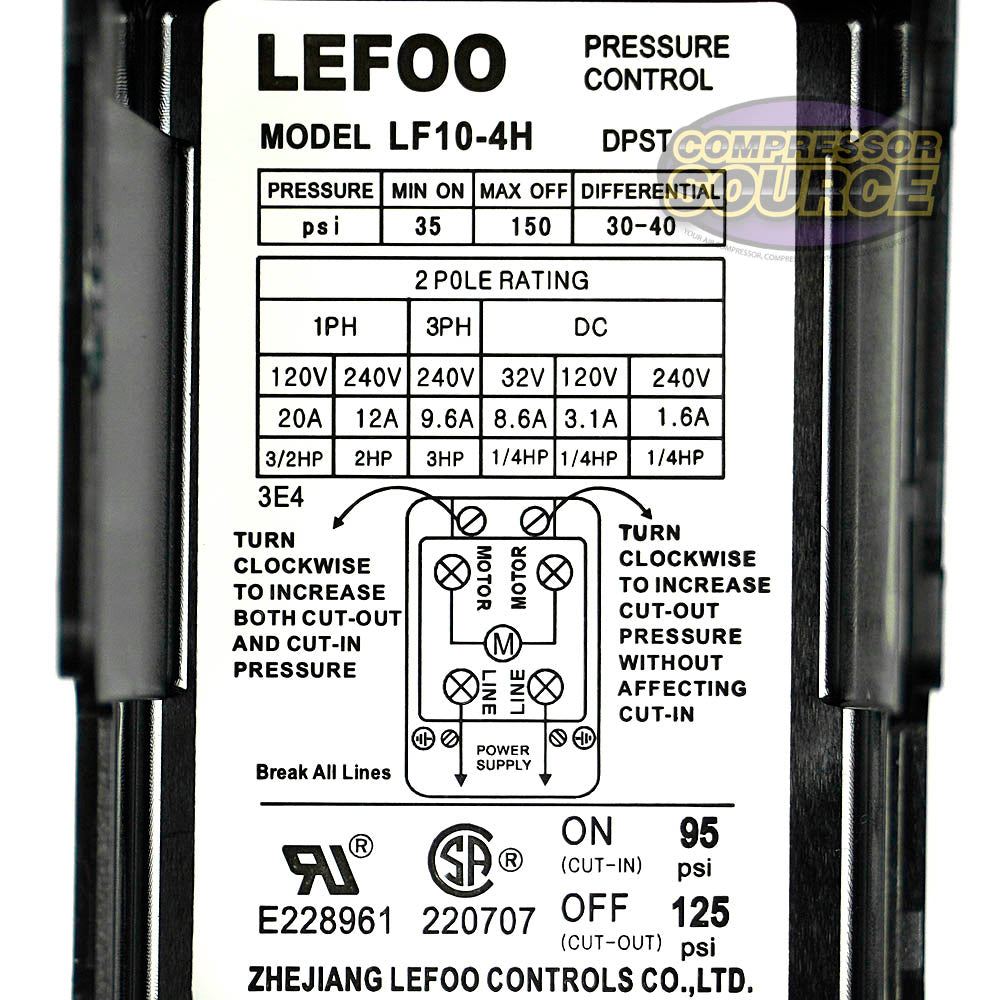 4 Port Pressure Switch 95 - 125 PSI 26 Amp 1/4" FNPT Lefoo LF10-L4H