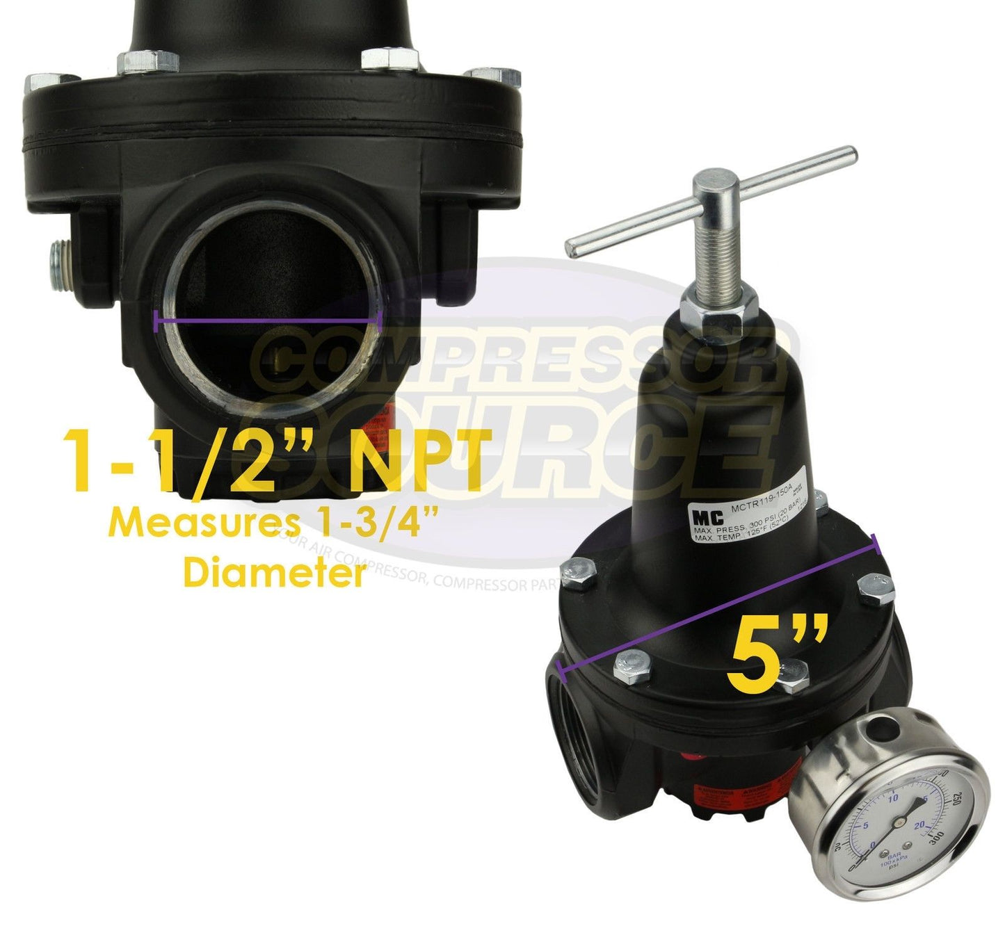 1.5" 1-1/2" Inline Compressed Air Compressor Line High Flow Regulator Valve