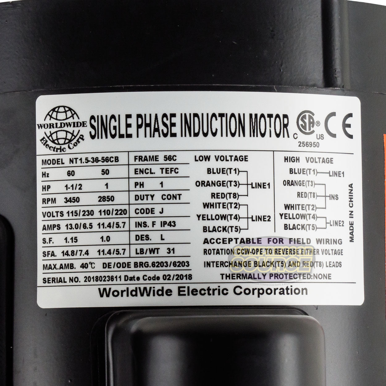 1.5 HP Electric Motor Single Phase 56C Frame 3450 RPM TEFC 115 / 230V C Face