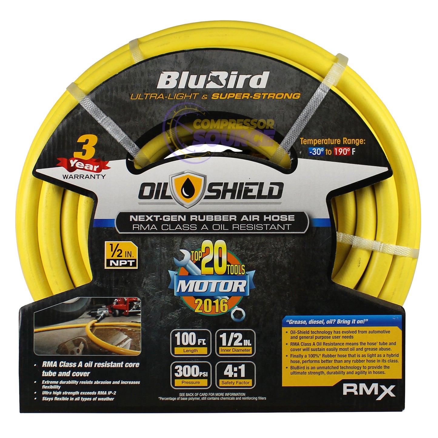 BluBird OilShield Rubber Air Hose Assembly 1/2" X 100' 300 PSI Nitrile Class A OS12100