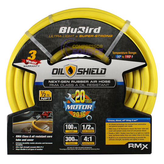 BluBird OilShield Rubber Air Hose Assembly 1/2" X 100' 300 PSI Nitrile Class A OS12100