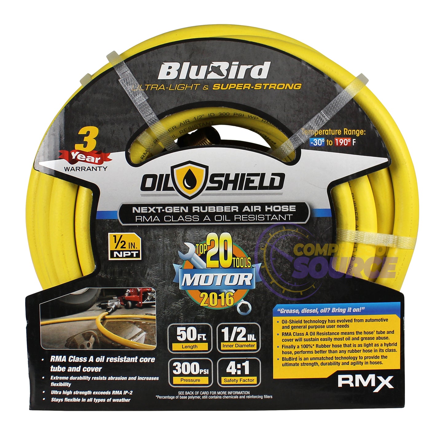 BluBird OilShield Rubber Air Hose Assembly 1/2" X 50' 300 PSI Nitrile Class A OS1250