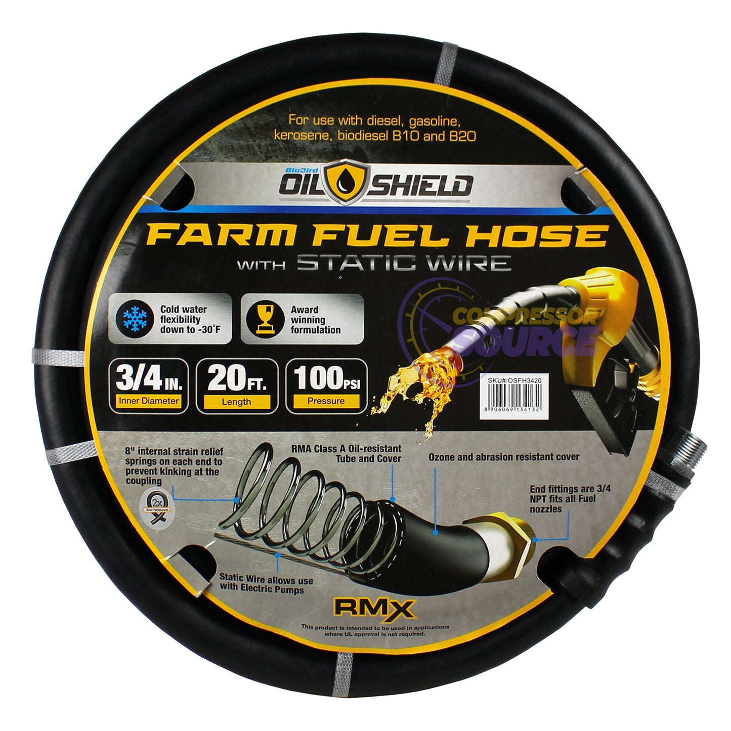 BluBird OilShield 3/4" X 20' Rubber Farm Fuel Transfer Hose with Static Wire OSFH3420