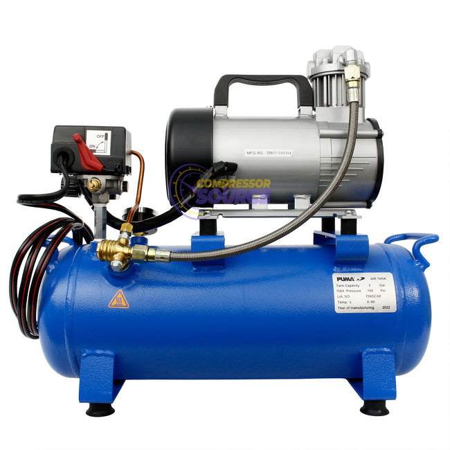 Puma 3/4 HP 3 Gallon Tank 12 Volt Continuous Duty DC Air Compressor Oil-Less