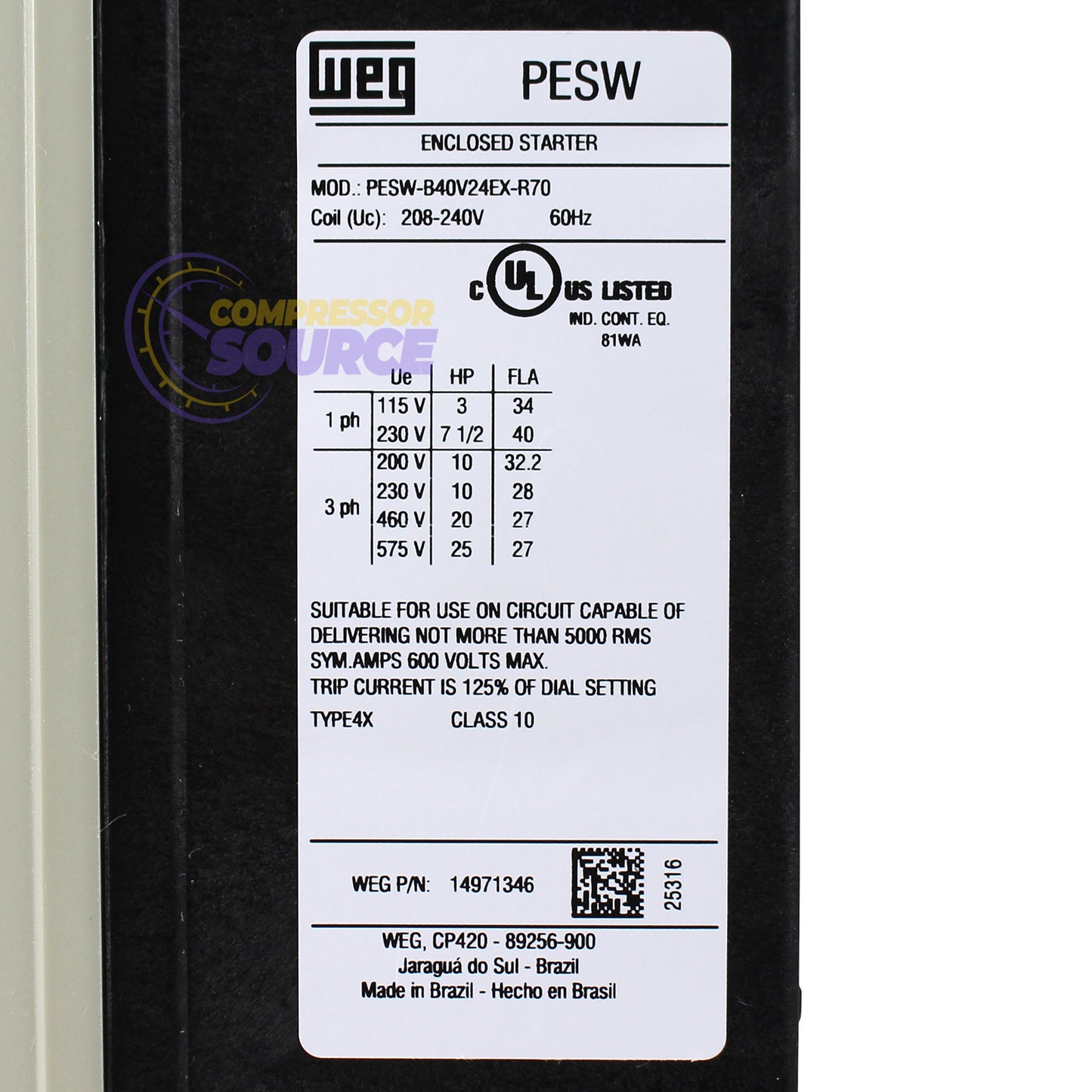WEG 15 HP 3 Phase Magnetic Starter NEMA 4X 208-240V 25 - 40 Amp PESW-40V24EX-R35