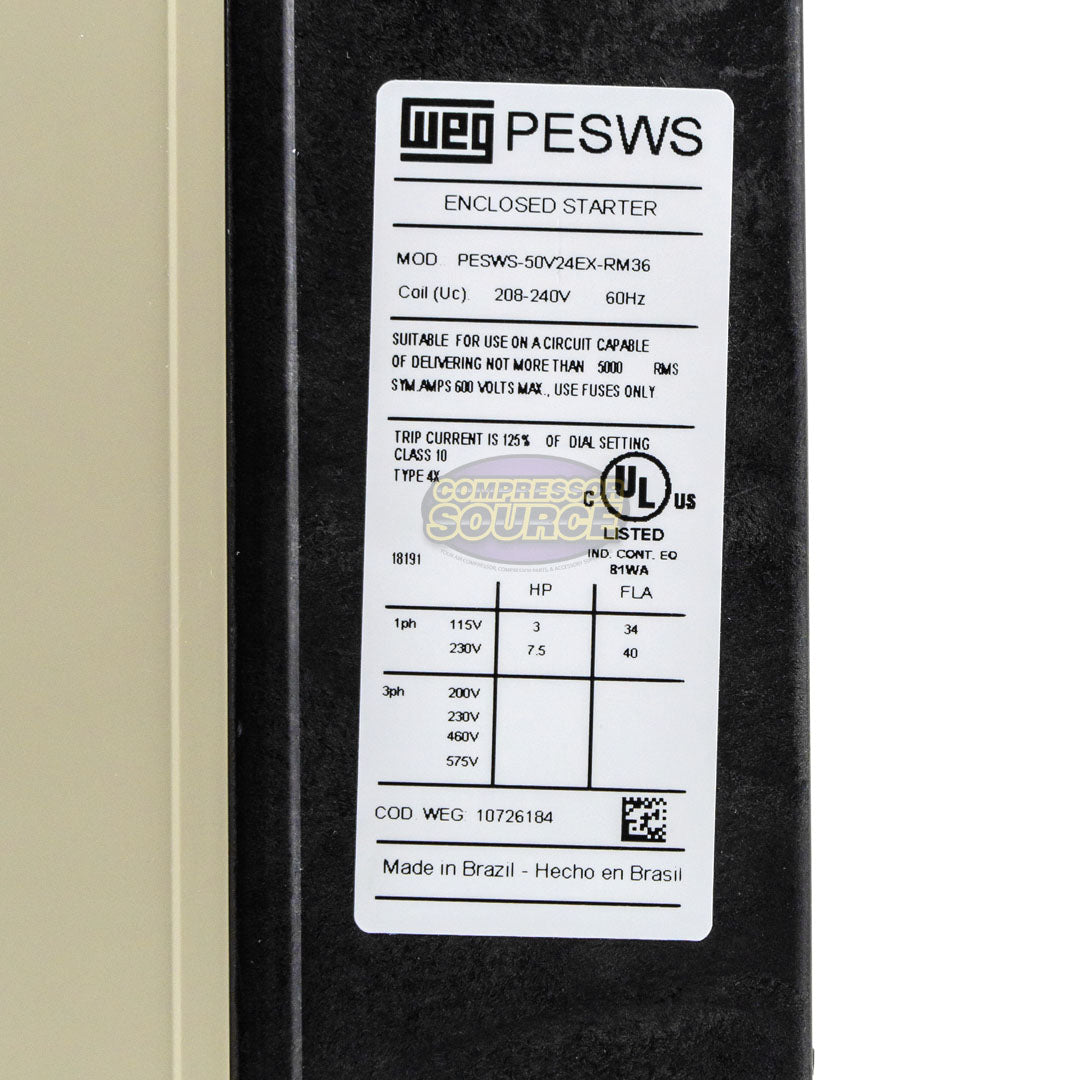 WEG 7.5 HP 1 Phase Magnetic Starter NEMA 4X 208-240V 25 - 40 Amp 
PESWS-50V24EX-RM36