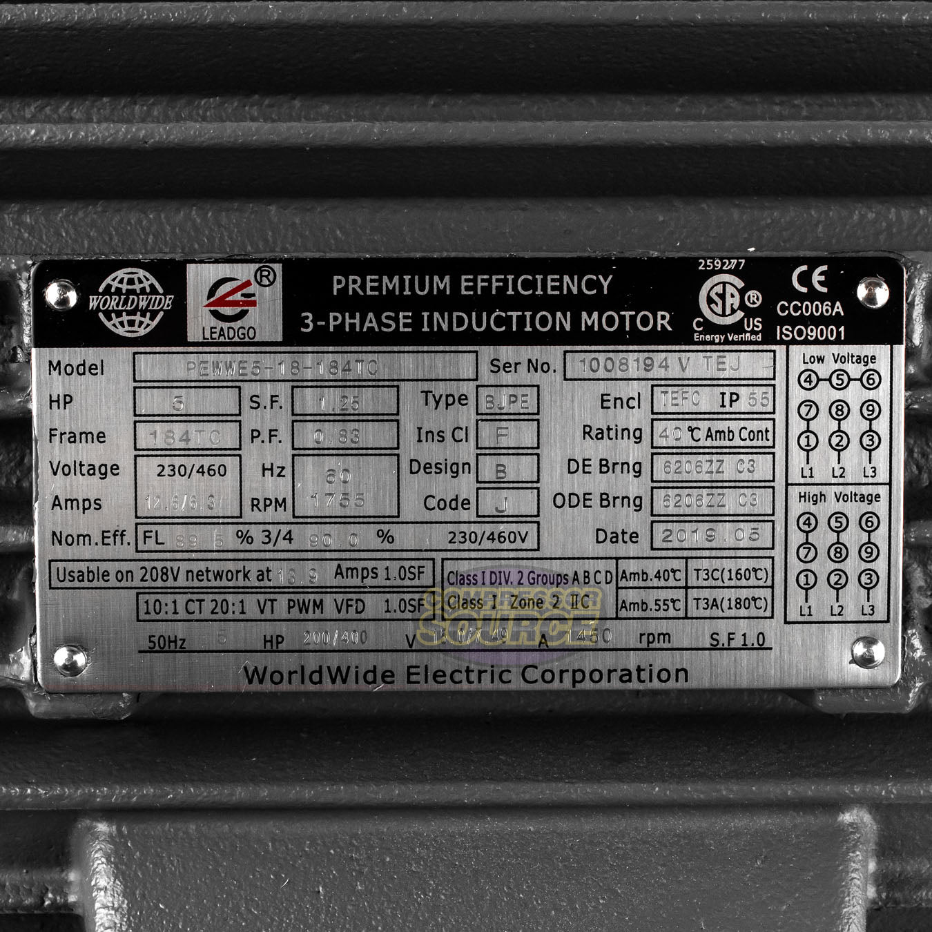 5 HP 3 Phase Electric Motor C-Face 1800 RPM 184TC TEFC 230/460 Volt Severe Duty