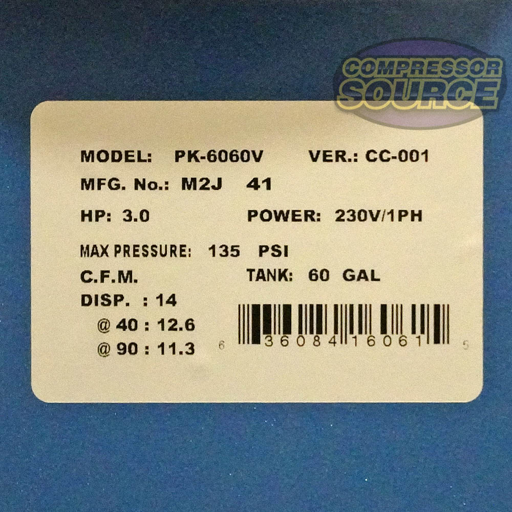 3 HP 60 Gallon 11 CFM @ 90 PSI Air Compressor 1 Phase 1 Stage Puma PK6060V