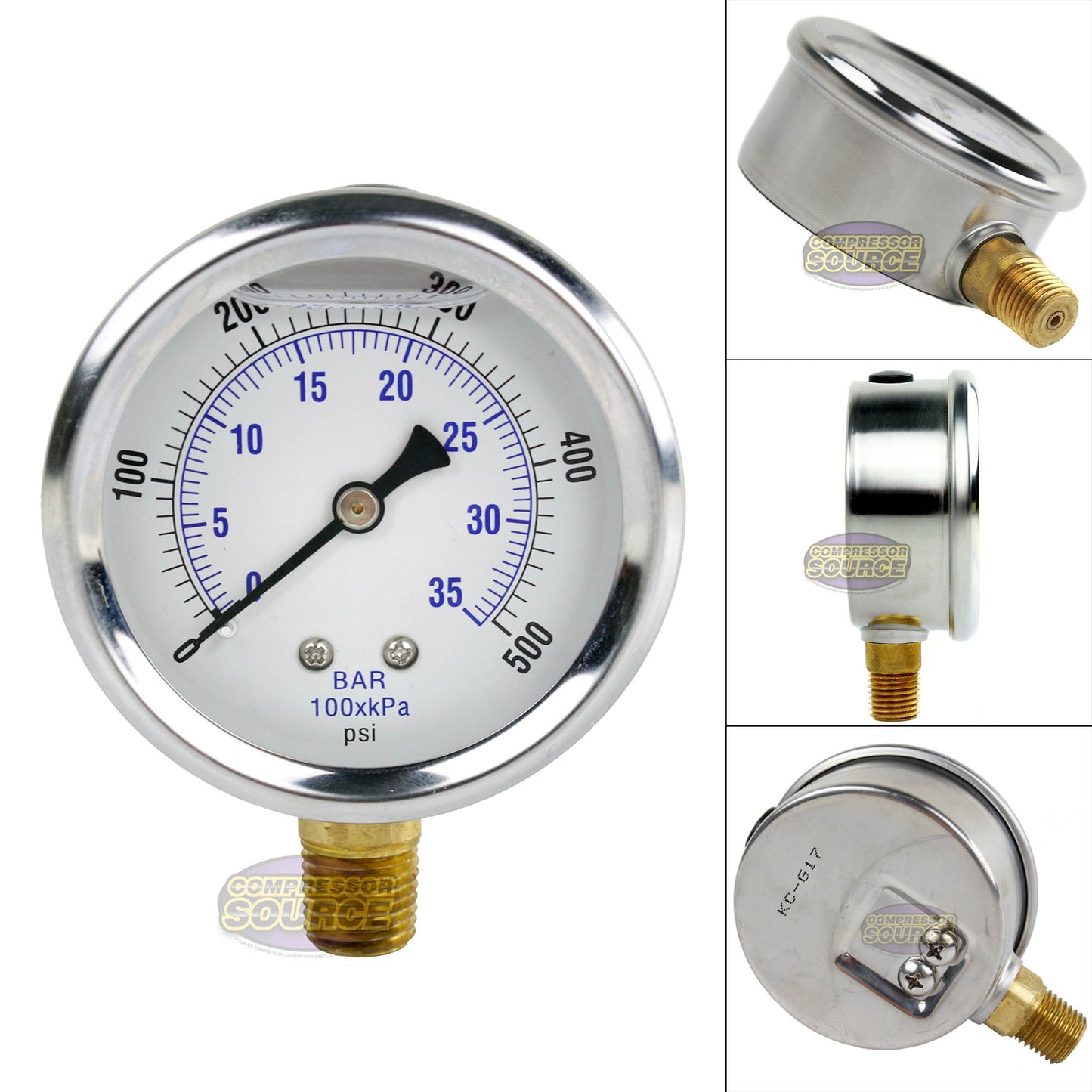 Quality Liquid Filled 2.5" 500 PSI Air Pressure Gauge Lower Side Mount