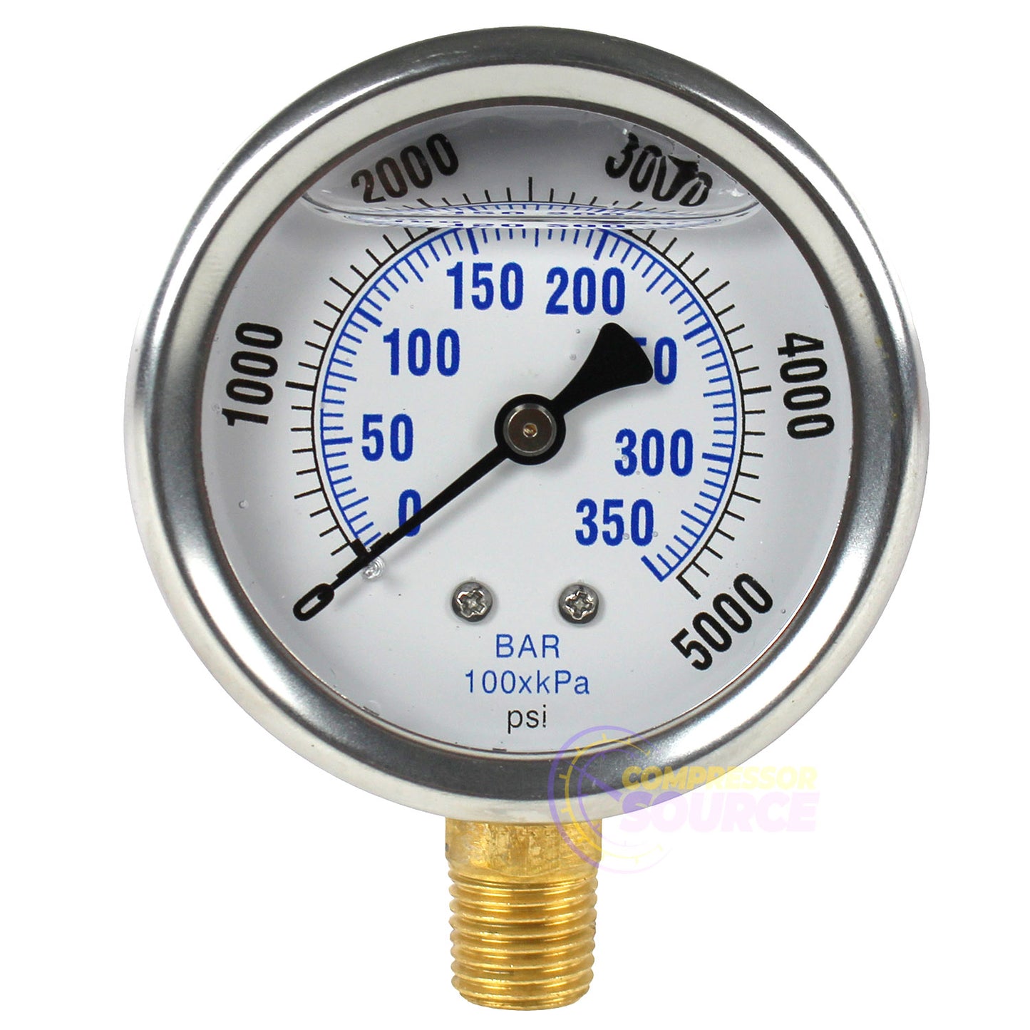 Liquid Filled 0-5,000 PSI Lower Side Mount Air Pressure Gauge With 2.5" Face