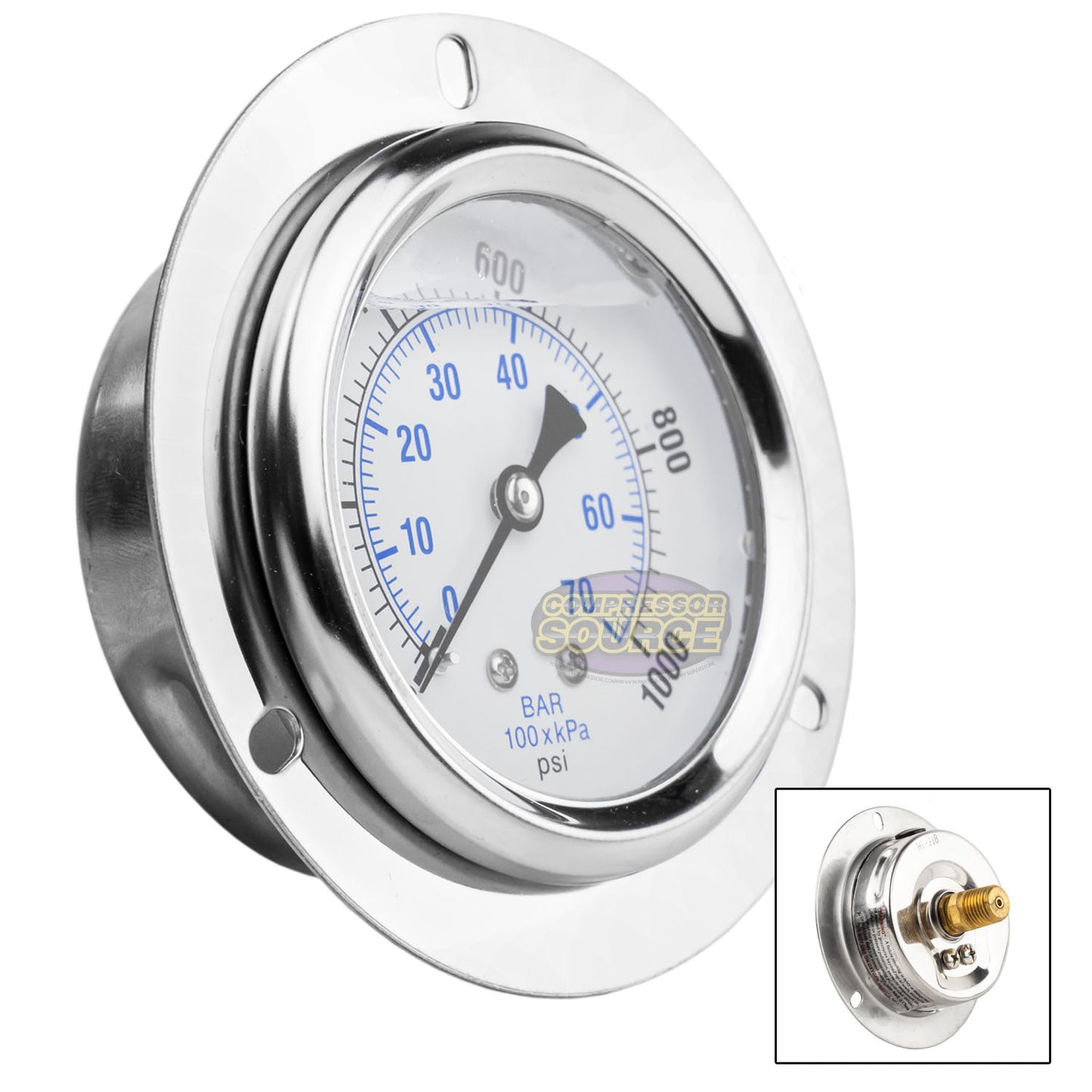 2.5" Liquid Filled Pressure Gauge 0-1,000 PSI 1/4" NPT CBM Panel Flush Mount 204L-254M