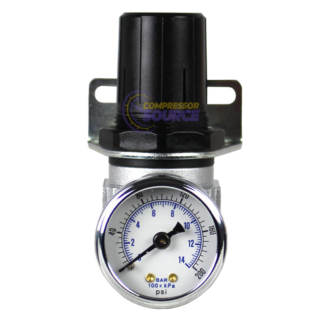 1/4" Industrial Air Compressor Pressure Regulator with Gauge and Wall Mounting Bracket