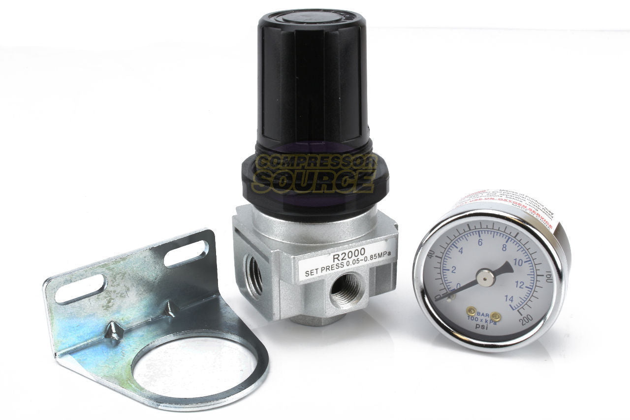 1/4" Industrial Air Compressor Pressure Regulator with Gauge and Wall Mounting Bracket