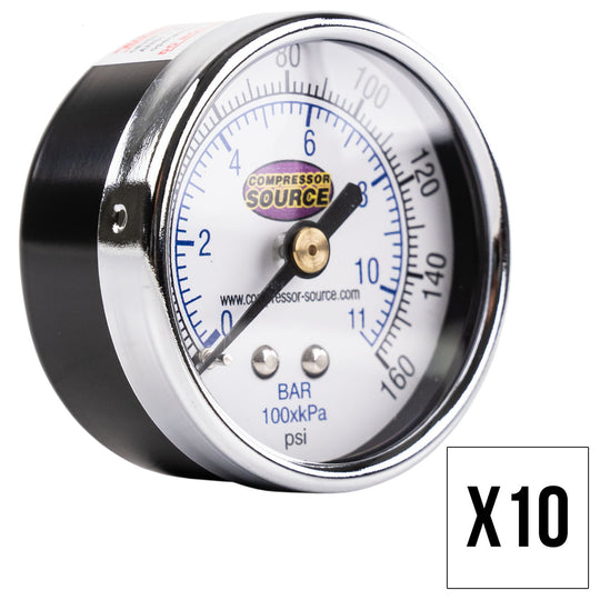 0-160 PSI Air Pressure Gauge 1/4" NPT Center Back Mount CBM 2" Face 10 Pack