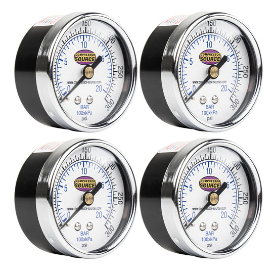 0-300 PSI Air Pressure Gauge 1/4" NPT Center Back Mount CBM 2" Face 4 Pack