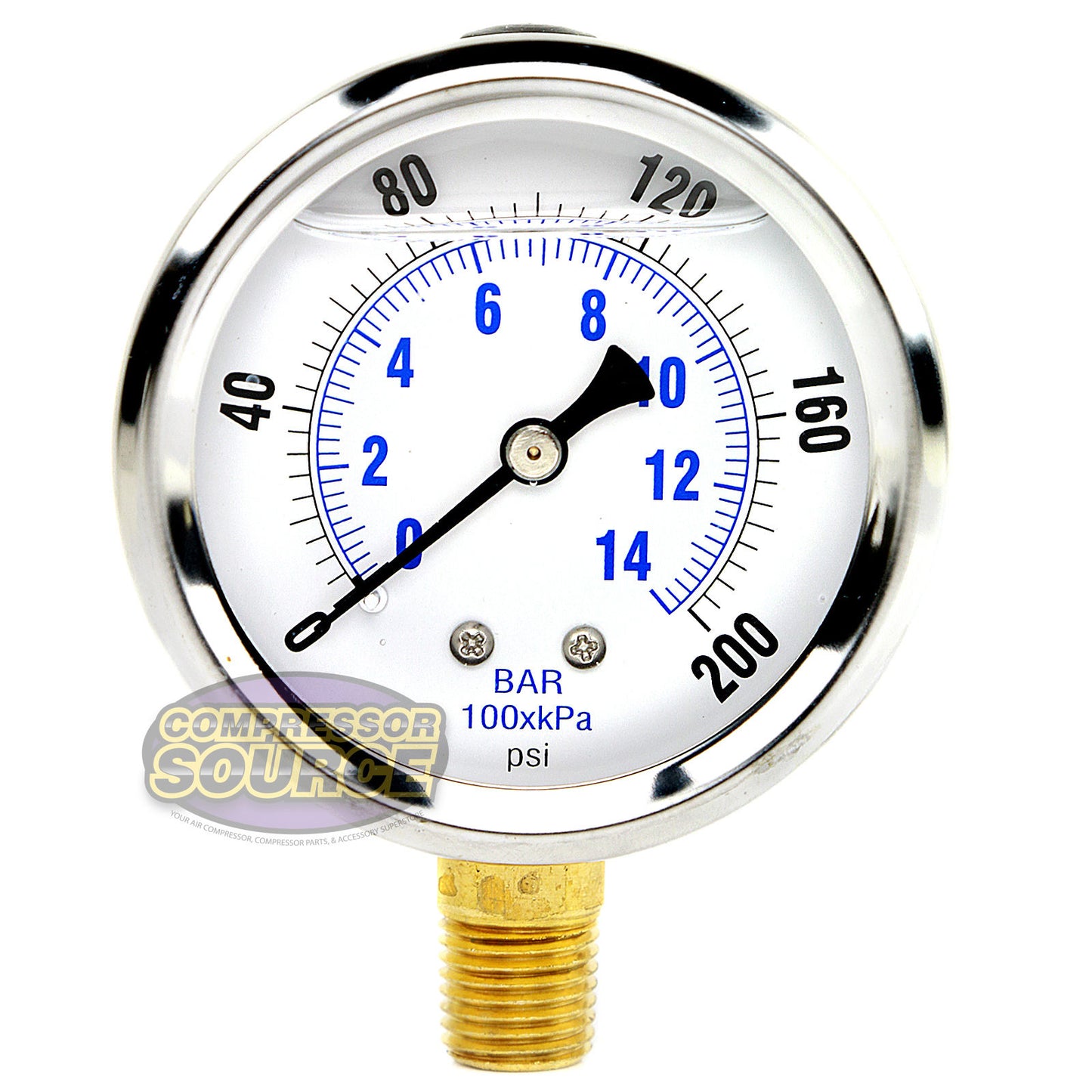 Liquid Filled 0-200 PSI Lower Side Mount Air Pressure Gauge With 2.5" Face