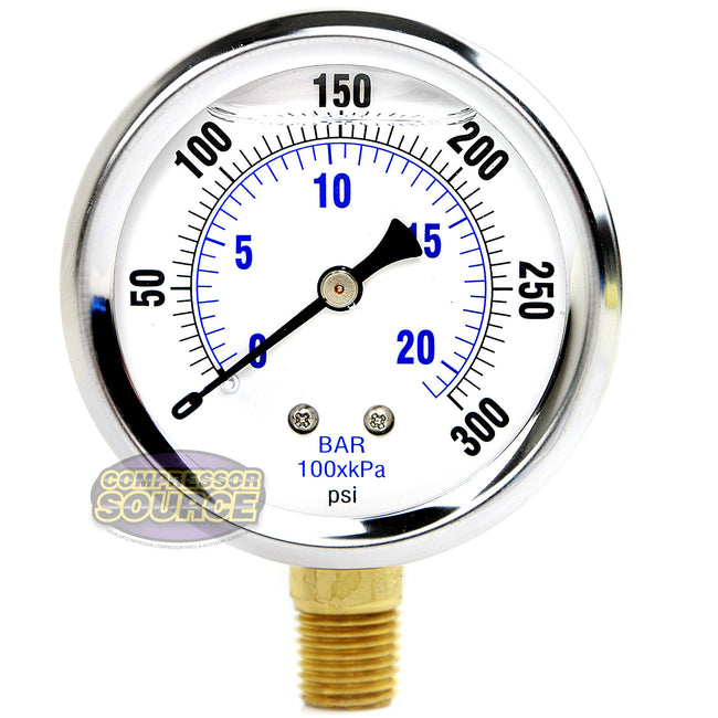 Liquid Filled 0-300 PSI Lower Side Mount Air Pressure Gauge With 2.5" Face