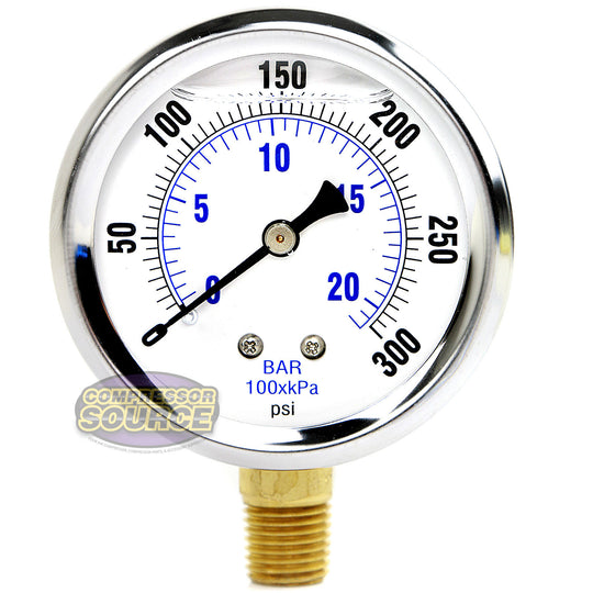 Liquid Filled 0-300 PSI Lower Side Mount Air Pressure Gauge With 2.5" Face