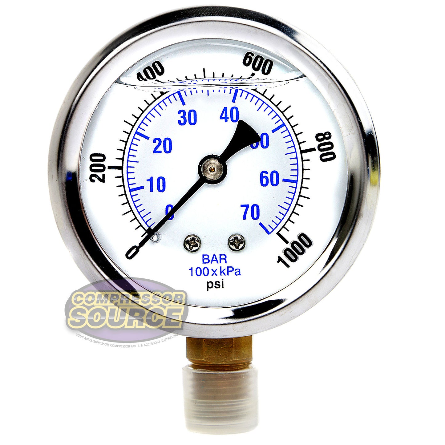 Liquid Filled 0-1,000 PSI Lower Side Mount Air Pressure Gauge With 2.5" Face