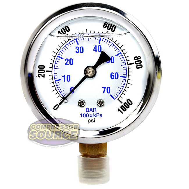 Liquid Filled 0-1,000 PSI Lower Side Mount Air Pressure Gauge With 2.5" Face