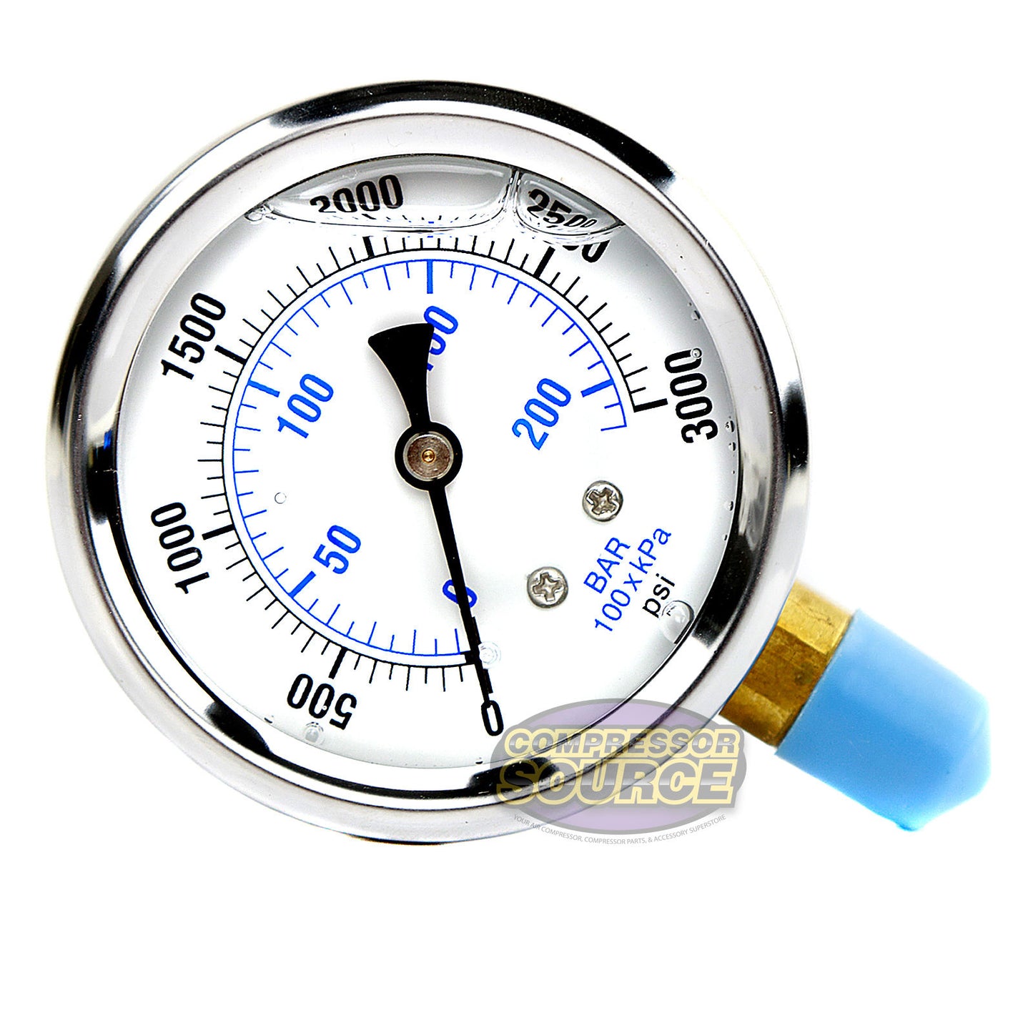 Liquid Filled 0-3,000 PSI Lower Side Mount Air Pressure Gauge With 2.5" Face