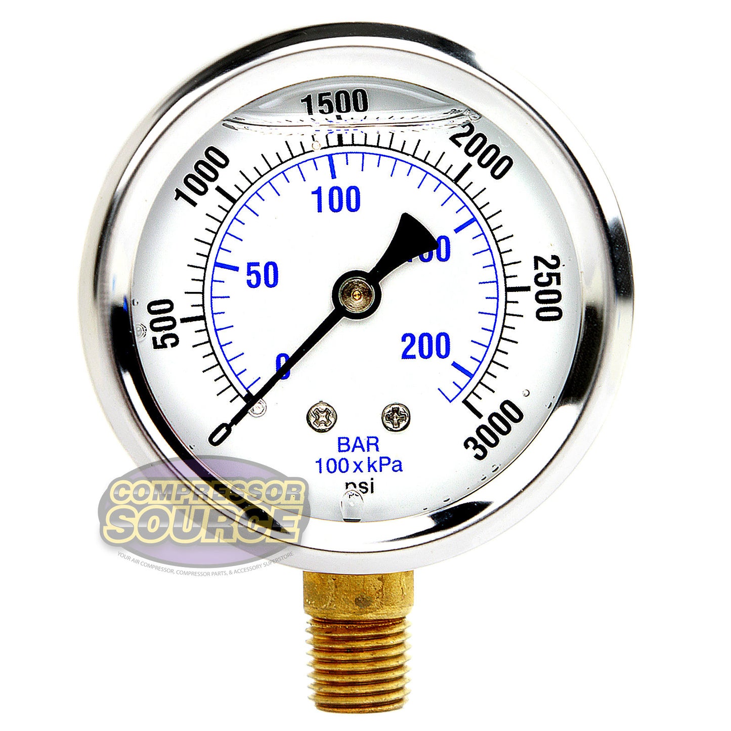 Liquid Filled 0-3,000 PSI Lower Side Mount Air Pressure Gauge With 2.5" Face