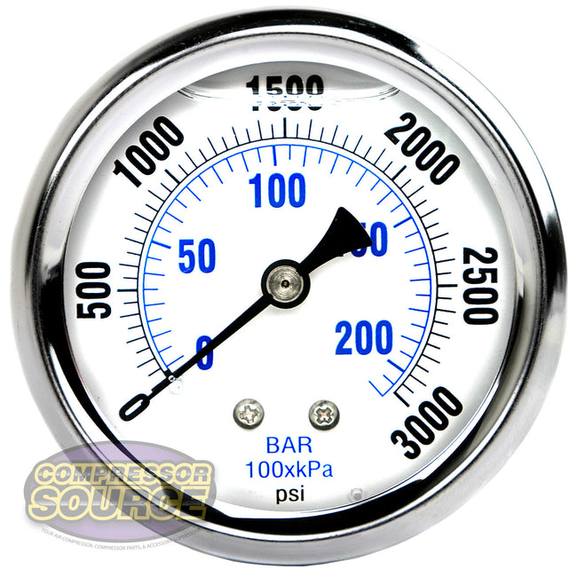 Liquid Filled 0-3,000 PSI Center Back Mount Air Pressure Gauge With 2.5" Face PRO-202L-254P
