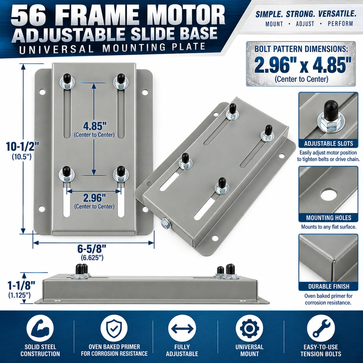 56 Frame Electric Motor Base Mount Adjustable Slide Plate Universal Mounting