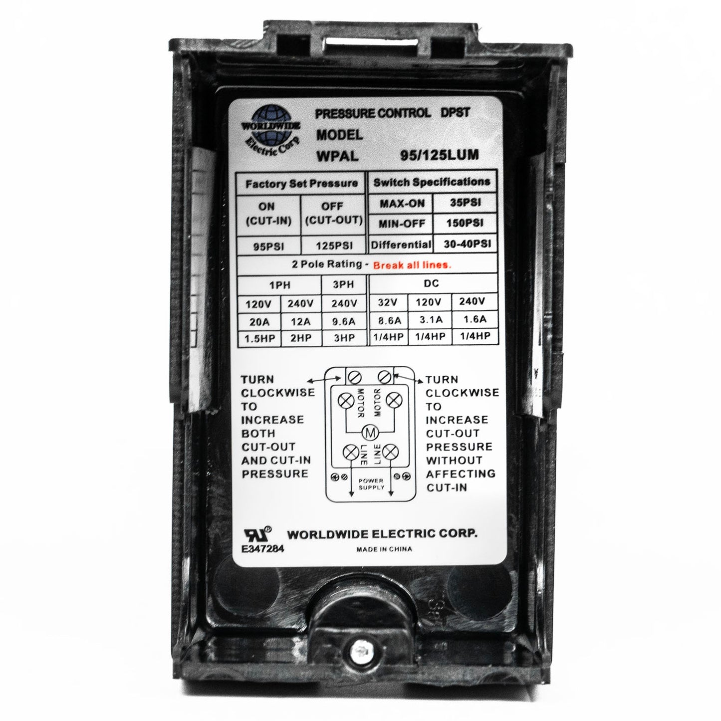 Single Port 95-125 PSI Air Compressor Pressure Switch Control 1/4" Male NPT