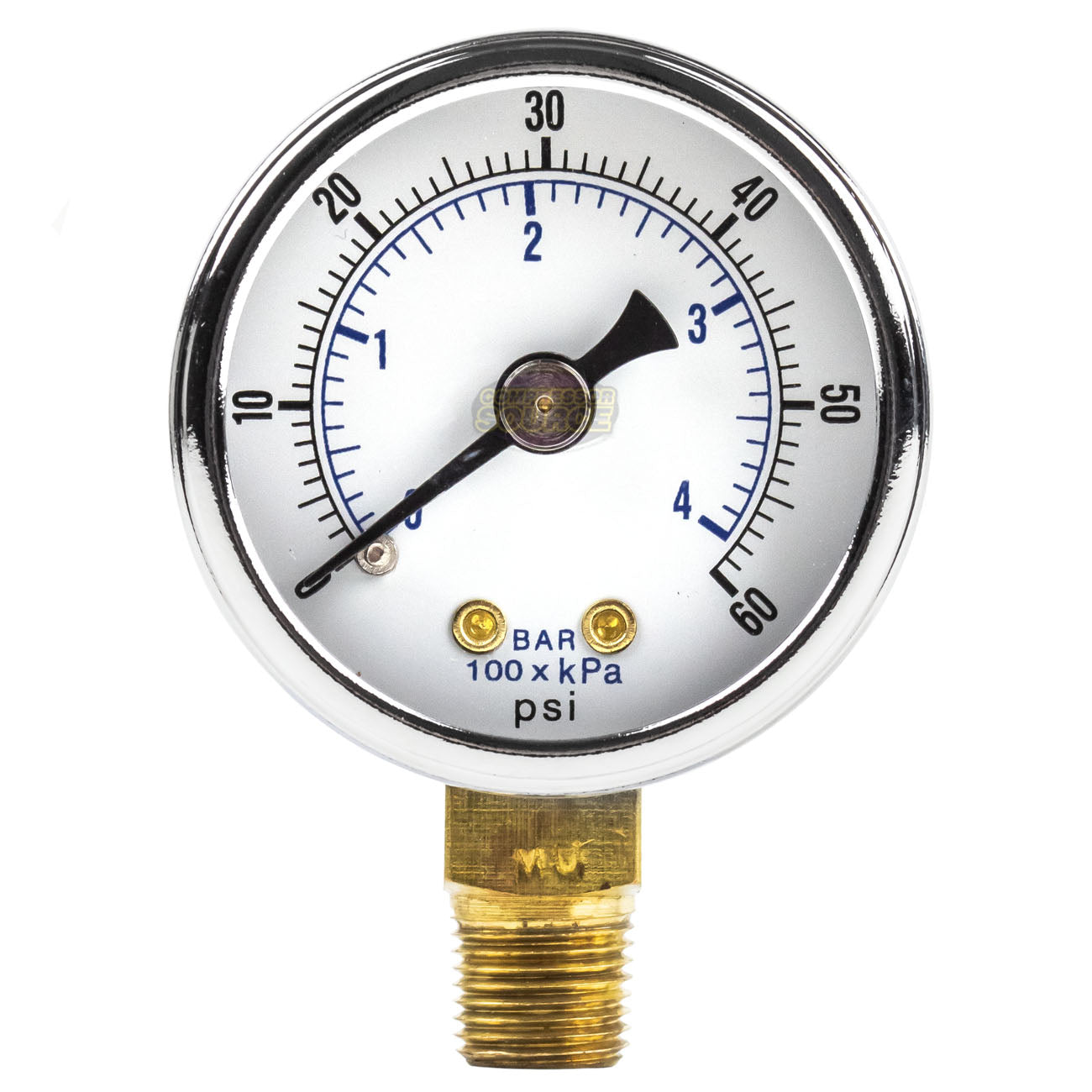 1/8" NPT 0-60 PSI Air Compressor / Hydraulic Pressure Gauge Lower Side Mount With 1.5" Face