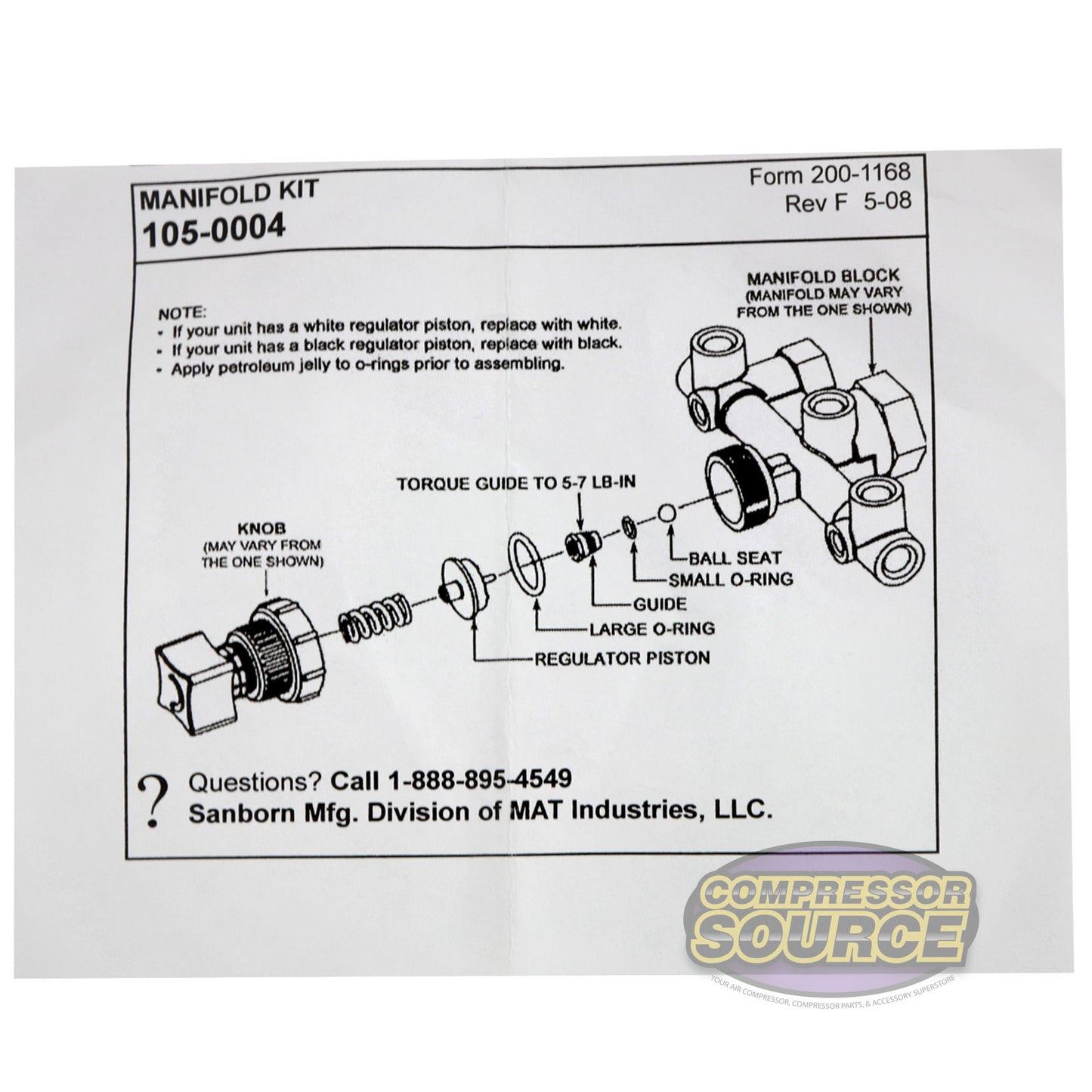 Sanborn Coleman Powermate Air Compressor 105-0004 Regulator Manifold Repair Kit