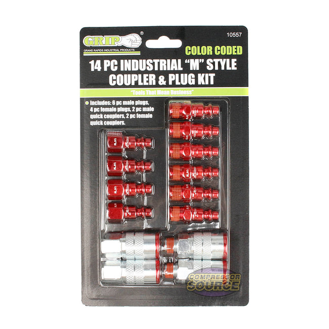 GRIP 14 Pc Industrial M Style Air Accessory Coupler & Plug Kit Color Coded 10577