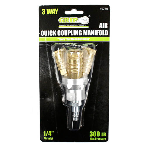 GRIP Tools 3 Way Quick Coupling Manifold 300 PSI Air Inlet 1/4" Couplers 10760