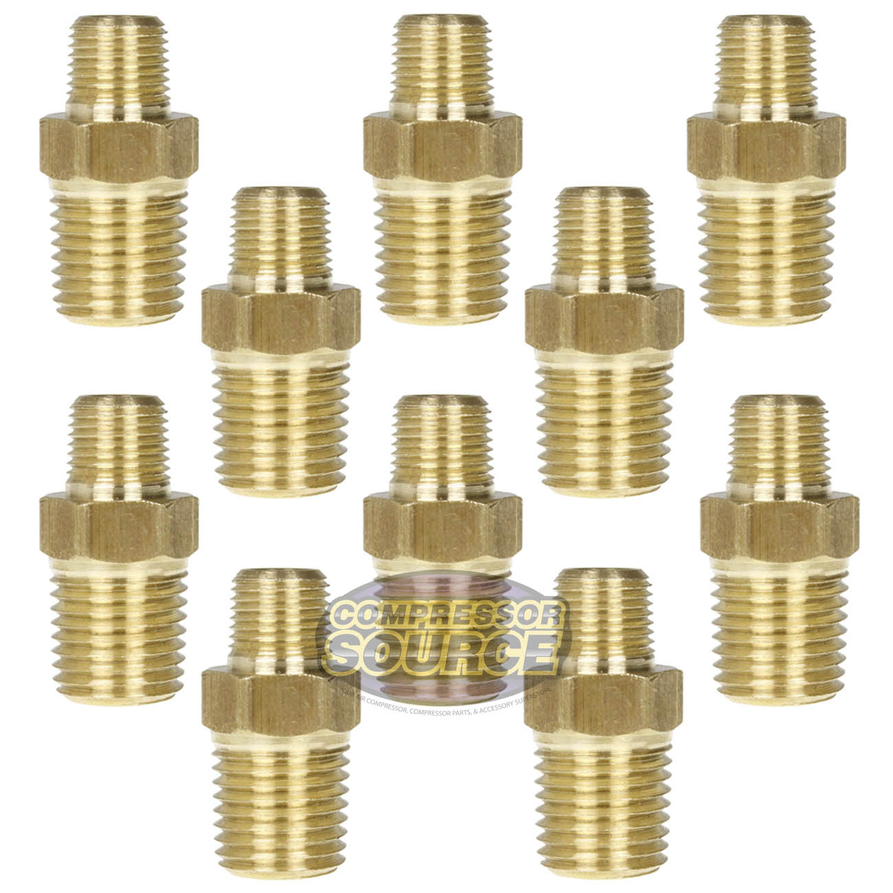 10 Pack 1/4" x 1/8" Male NPTF Pipe Reducing Hex Nipple Solid Brass Pipe Fitting