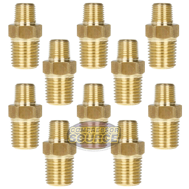 10 Pack 1/4" x 1/8" Male NPTF Pipe Reducing Hex Nipple Solid Brass Pipe Fitting