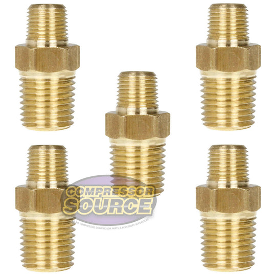 5 Pack 1/4" x 1/8" Male NPTF Pipe Reducing Hex Nipple Solid Brass Pipe Fitting