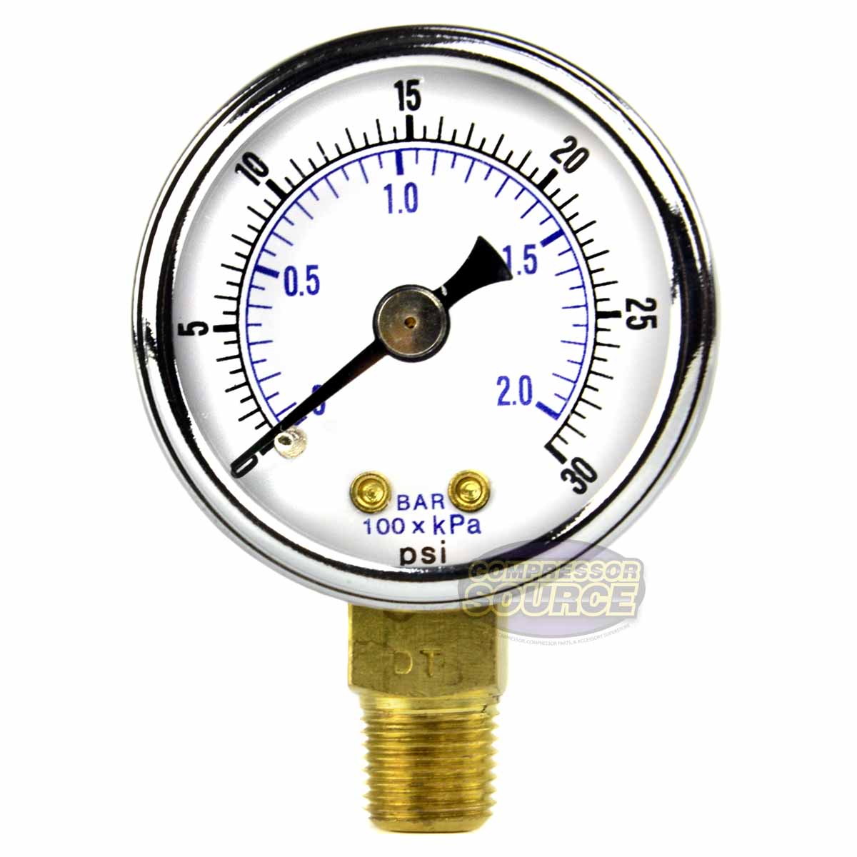 1/8" NPT 0-30 PSI Air Compressor / Hydraulic Pressure Gauge Lower Side Mount With 1.5" Face