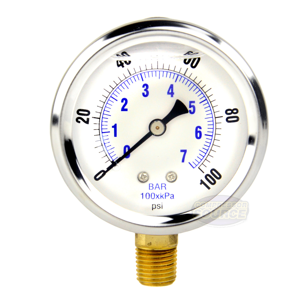 Liquid Filled 0-100 PSI Lower Side Mount Air Pressure Gauge With 2.5" Face