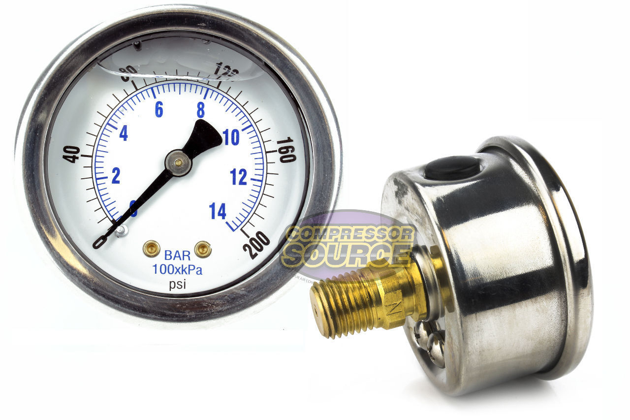 Liquid Filled 0-200 PSI Air Pressure Gauge Center Back With 2.5" Face