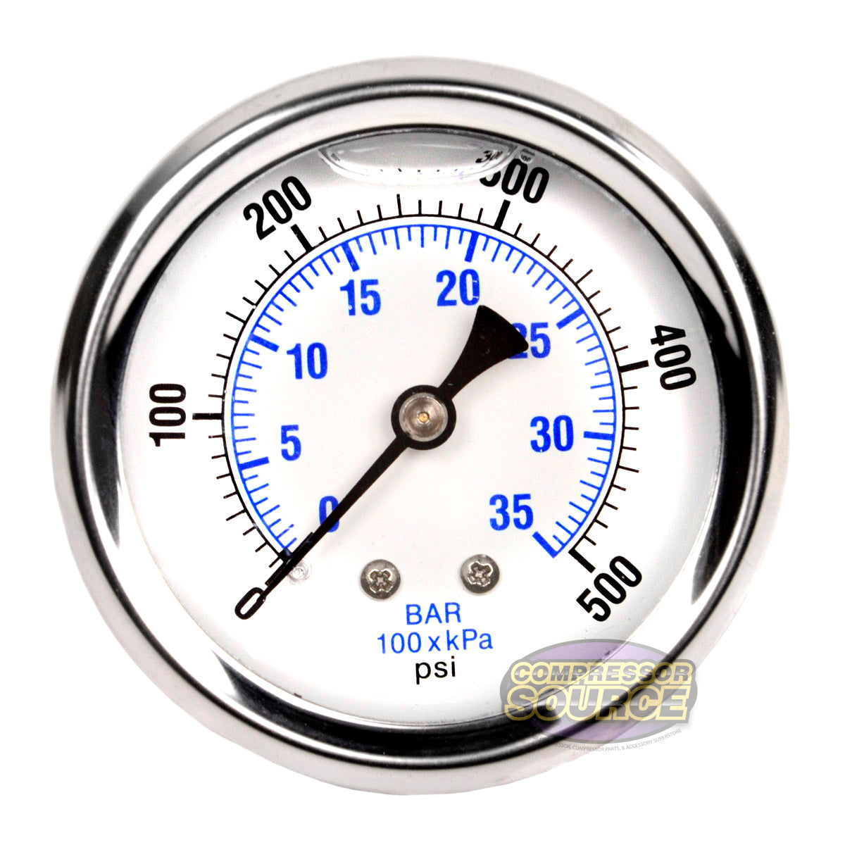 Liquid Filled 0-500 PSI Center Back Mount Air Pressure Gauge With 2.5" Face