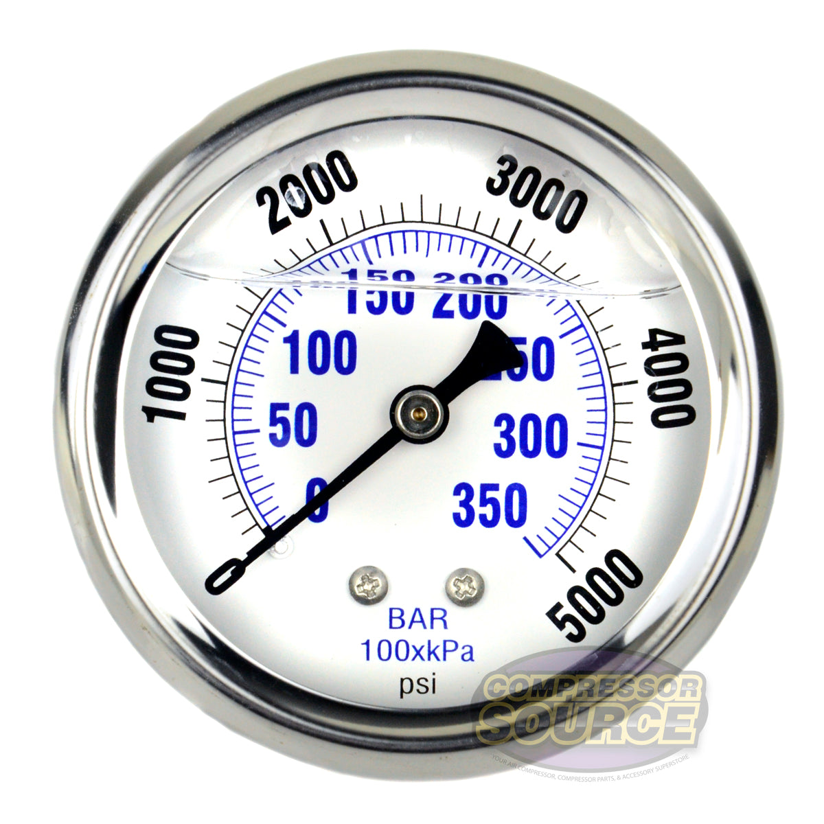 Liquid Filled 0-5,000 PSI Center Back Mount Air Pressure Gauge With 2.5" Face