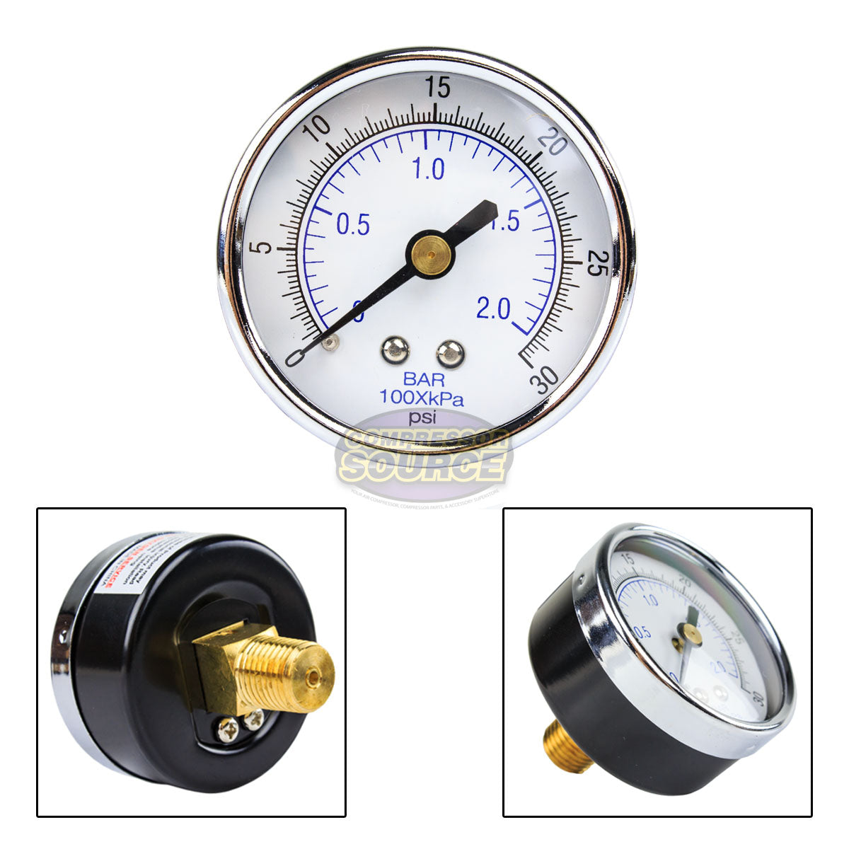 1/4" NPT 0-30 PSI Air Pressure Gauge Center Back Mount With 2" Face